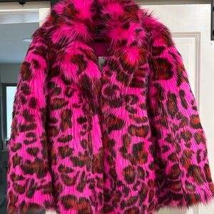NWT Guess Vibrant Pink Leopard Faux Fur Coat